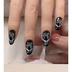 24-pcs. Black Cat Medium Press-On Nails